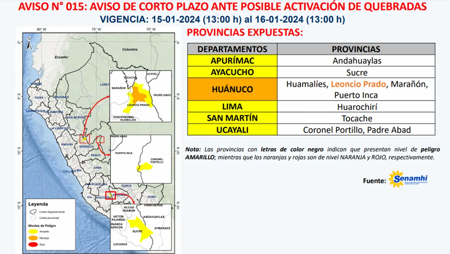 Alerta naranja ante posible activación de quebradas en Huánuco y alerta naranja en Apurímac, Ayacucho, Lima, San Martín y Ucayali. (Foto: captura del Senamhi).